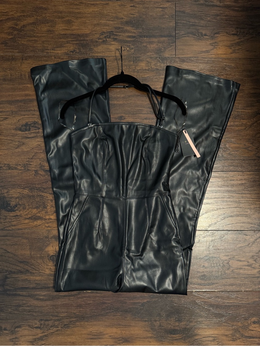 Faux Leather Black Jumpsuit - Sleek Halter Strap Detail